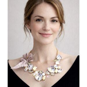 J CREW Gold Tone HUGE Clear Rhinestone AB Stone Bow Statement 18-20.5" Necklace